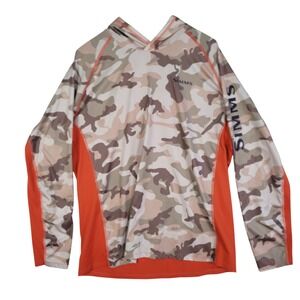 Simms SolarFlex Fishing Hoodie Performance Shirt Men's Size XL Camo Orange Sun